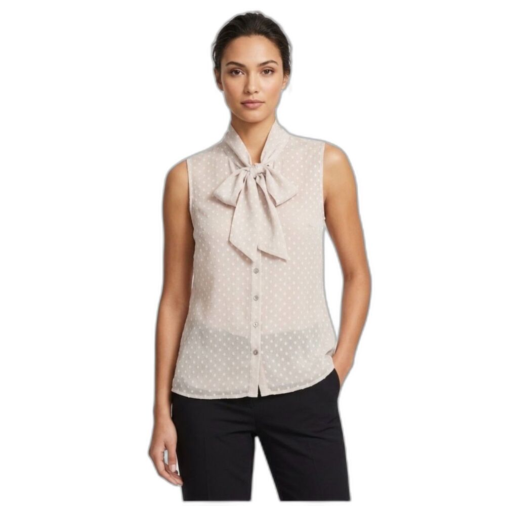 Armani Exchange AX Women's Beige Swiss Dot Sleeveless Tie Neck Career Top Sz L